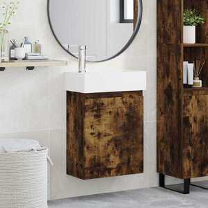 Imagine vidaXL Unitate de baie cu robinet Stejar fumuriu 45, 5 x 25, 5 x 84 cm