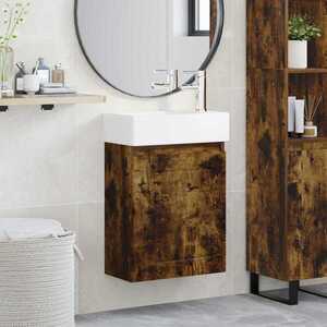 Imagine vidaXL Unitate de baie cu robinet Stejar fumuriu 45, 5 x 25, 5 x 84 cm