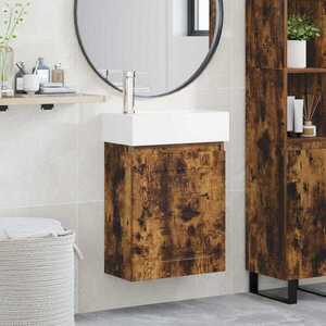 Imagine vidaXL Unitate de baie cu robinet Stejar fumuriu 45, 5 x 22, 5 x 84 cm