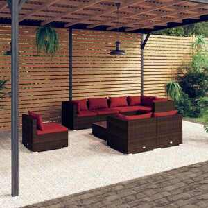 Imagine vidaXL Set mobilier de grădină cu perne, 9 piese, maro, poliratan