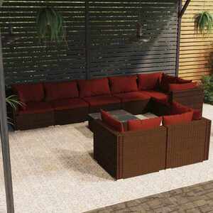 Imagine vidaXL Set mobilier de grădină cu perne, 9 piese, maro, poliratan