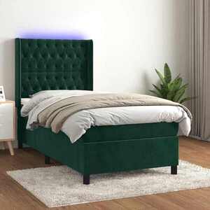 Imagine vidaXL Pat continental cu saltea și LED verde închis 80x200 cm catifea