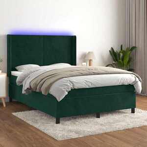 Imagine vidaXL Pat cu arcuri, saltea și LED, verde închis, 140x190 cm, catifea