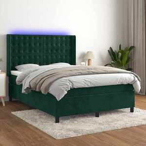 Imagine vidaXL Pat cu arcuri, saltea și LED, verde închis, 140x190 cm, catifea