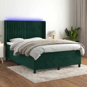 Imagine vidaXL Pat cu arcuri, saltea și LED, verde închis, 140x190 cm, catifea