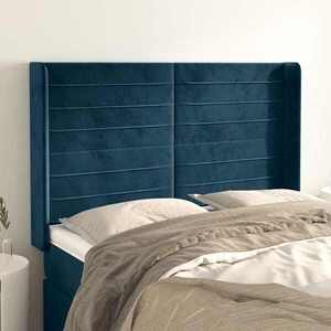 Imagine vidaXL Tăblie pat cu urechi albastru închis 147x16x118/128 cm catifea