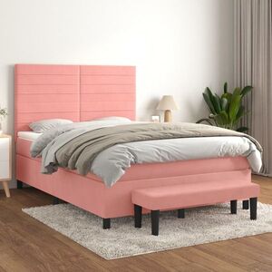 Imagine vidaXL Pat box spring cu saltea, roz, 140x190 cm, catifea