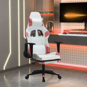Imagine vidaXL Scaun gaming de masaj/suport picioare, alb/roz, piele ecologică