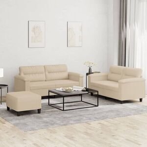 Imagine vidaXL Set de canapele cu perne, 3 piese, crem, microfibră