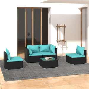 Imagine vidaXL Set mobilier de grădină cu perne, 5 piese, negru, poliratan