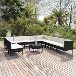 Imagine vidaXL Set mobilier de grădină cu perne, 12 piese, negru, poliratan