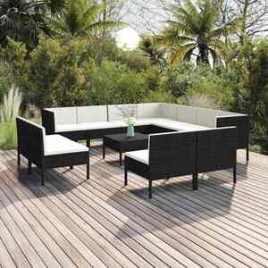 Imagine vidaXL Set mobilier de grădină cu perne, 12 piese, negru, poliratan