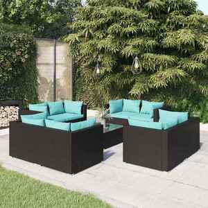 Imagine vidaXL Set mobilier de grădină cu perne, 9 piese, negru, poliratan
