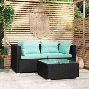 Imagine vidaXL Set mobilier de grădină cu perne, 3 piese, negru, poliratan