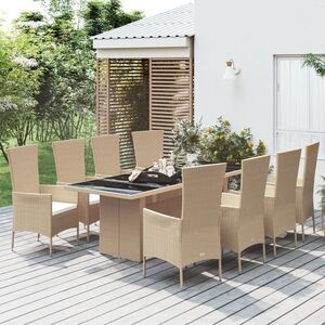 Imagine vidaXL Set de masă pentru grădină, 9 piese, cu perne, bej, poliratan