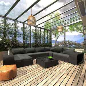 Imagine vidaXL Set mobilier de grădină cu perne, 10 piese, negru, poliratan