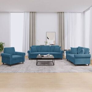 Imagine vidaXL Set de canapele cu perne, 3 piese, albastru, catifea
