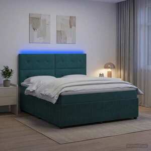 Imagine vidaXL Pat cu arcuri LED și saltea Verde închis 180 x 200 cm Catifea