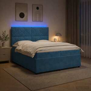 Imagine vidaXL Pat cu arcuri LED și saltea albastru 200 x 200 cm Catifea