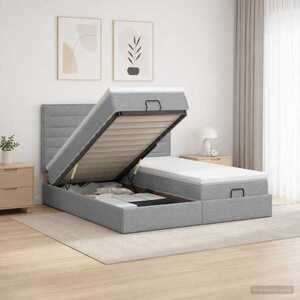 Imagine vidaXL Pat ottoman cu saltea cu headboard 2 buc. Gri deschis Țesătură