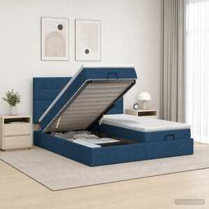 Imagine vidaXL Pat ottoman cu saltea cu headboard 2 buc. albastru Țesătură