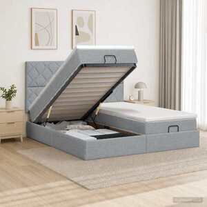 Imagine vidaXL Pat ottoman cu saltea cu headboard 2 buc. Gri deschis Țesătură