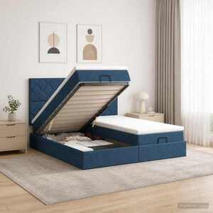 Imagine vidaXL Pat ottoman cu saltea cu headboard 2 buc. albastru Țesătură