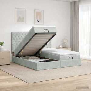 Imagine vidaXL Pat ottoman cu saltea cu headboard 2 buc. Gri deschis Catifea