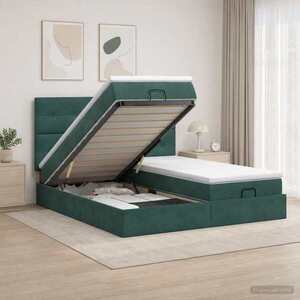 Imagine vidaXL Pat ottoman cu saltea cu headboard 2 buc. Verde închis Catifea