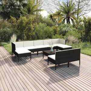 Imagine vidaXL Set mobilier de grădină cu perne, 10 piese, negru, poliratan