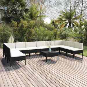 Imagine vidaXL Set mobilier de grădină cu perne, 11 piese, negru, poliratan