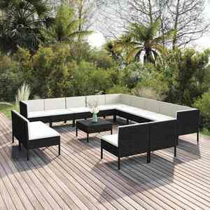Imagine vidaXL Set mobilier de grădină cu perne, 14 piese, negru, poliratan
