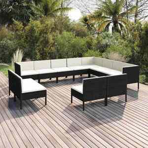 Imagine vidaXL Set mobilier de grădină cu perne, 12 piese, negru, poliratan