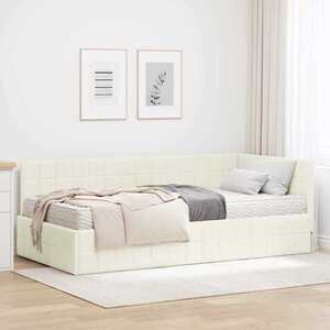 Imagine vidaXL Cadru de pat colțar cu saltea cu headboard 2 buc. Crem Catifea