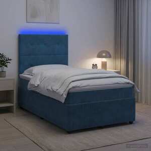 Imagine vidaXL Pat cu arcuri LED și saltea albastru 120 x 200 cm Catifea