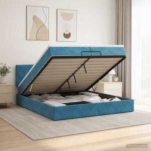 Imagine vidaXL Pat ottoman cu saltea Albastru închis 200 x 200 cm Catifea