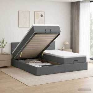 Imagine vidaXL Pat ottoman cu saltea cu headboard 2 buc. Gri închis Țesătură