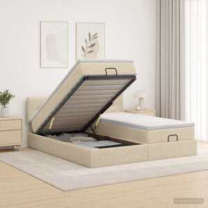 Imagine vidaXL Pat ottoman cu saltea cu headboard 2 buc. Crem Țesătură