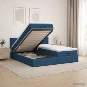 Imagine vidaXL Pat ottoman cu saltea cu headboard 2 buc. albastru Țesătură
