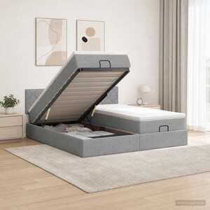 Imagine vidaXL Pat ottoman cu saltea cu headboard 2 buc. Gri deschis Țesătură