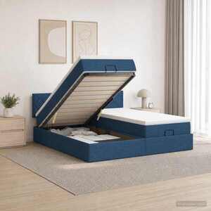 Imagine vidaXL Pat ottoman cu saltea cu headboard 2 buc. albastru Țesătură