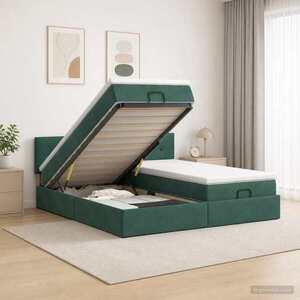 Imagine vidaXL Pat ottoman cu saltea cu headboard 2 buc. Verde închis Catifea