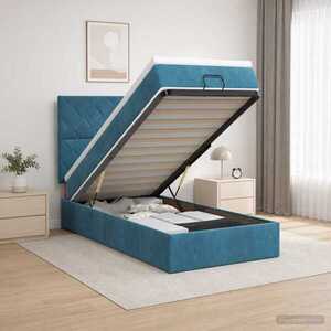 Imagine vidaXL Pat ottoman cu saltea Albastru închis 100 x 200 cm Catifea