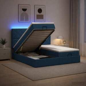 Imagine vidaXL Pat Ottoman cu Saltea și LED albastru 200 x 200 cm Țesătură