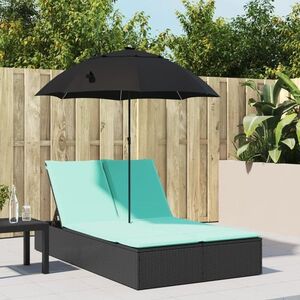 Imagine vidaXL Șezlong dublu cu perne/umbrelă de soare, negru, poliratan