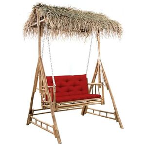 Imagine vidaXL Balansoar 2 locuri, frunze de palmier și pernă, 202 cm, bambus