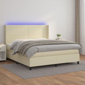 Imagine vidaXL Pat cu arcuri, cu saltea și LED, crem, 160x200 cm, piele eco