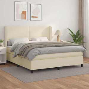 Imagine vidaXL Pat box spring cu saltea, crem, 160x200 cm, piele ecologică