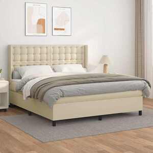 Imagine vidaXL Pat box spring cu saltea, crem, 160x200 cm, piele ecologică