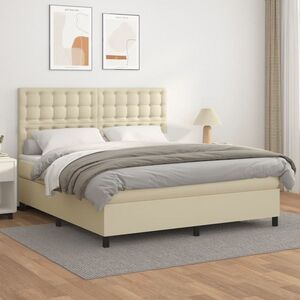 Imagine vidaXL Pat box spring cu saltea, crem, 160x200 cm, piele ecologică